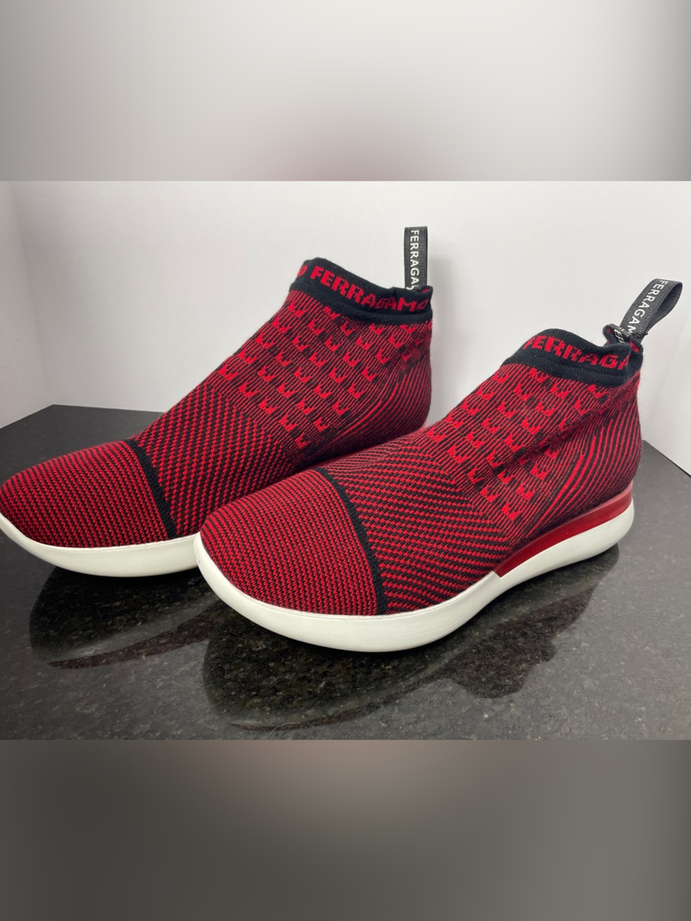 Salvatore Ferragamo Red and Black Knit Slip-On Sneakers